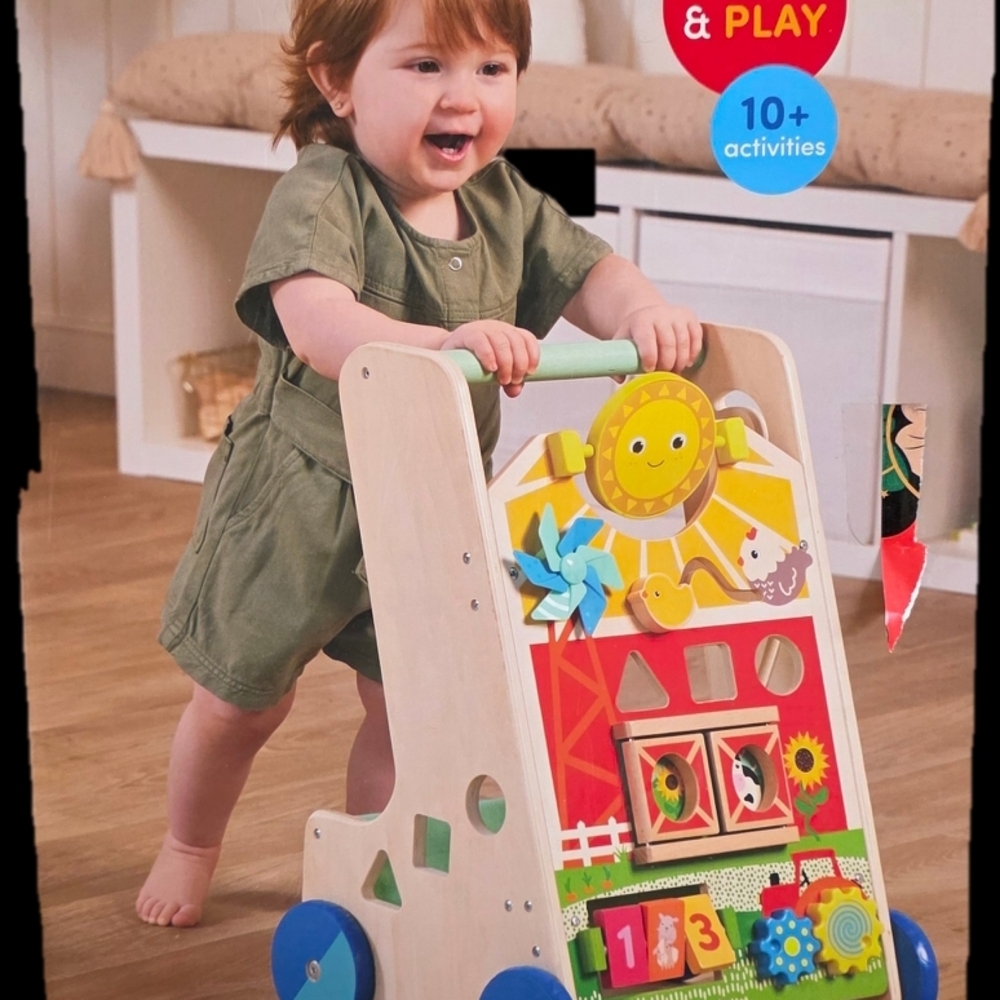 Wooden Activity Push Walker - Green Handle, Multi-Color Play Panel